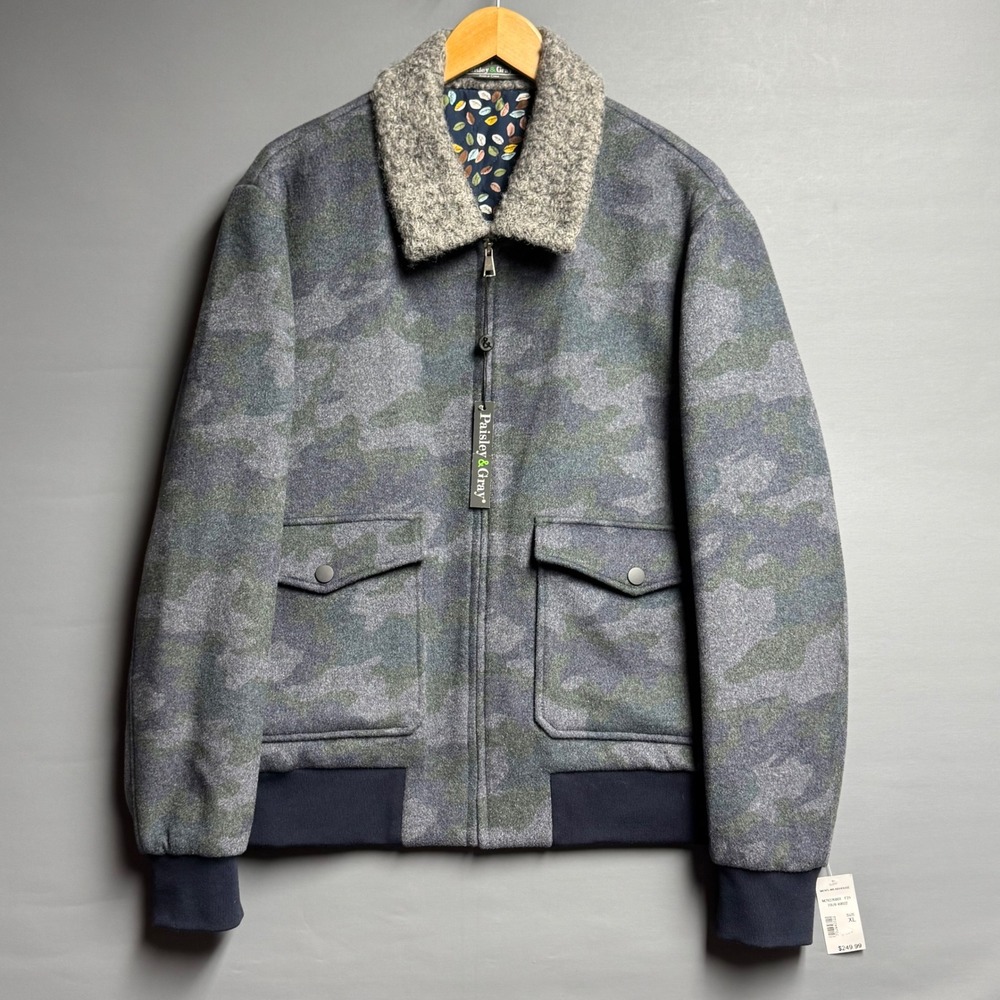 NWT Paisley & Gray Wool Camo Bomber Jacket Slim Fit XL (Fits M) Gray Green